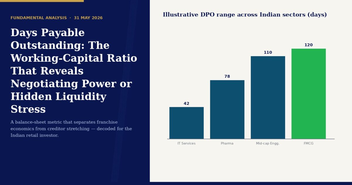 coverdpo | Manish Goel Portfolio Management Service Hero Layout Showing a Left Dark blue Panel with the Headline days Payable Outstanding the Working capital Ratio That Reveals Negotiating Power or Hidden Liquidity Stress and a Right Beige Panel Containing a Bar Chart Titled illustrative Dpo Range Across Indian Sectors days with Four Bars It Services 42 Pharma 78 Mid cap Engg 110 Fmcg 120