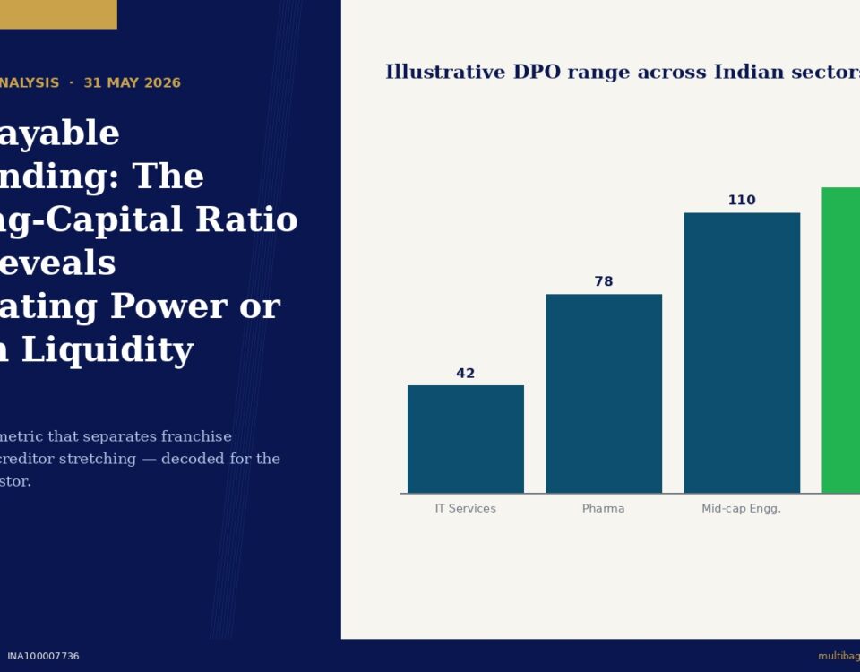 Hero layout showing a left dark-blue panel with the headline 'Days Payable Outstanding: The Working-Capital Ratio That Reveals Negotiating Power or Hidden Liquidity Stress' and a right beige panel containing a bar chart titled 'Illustrative DPO range across Indian sectors (days)' with four bars: IT Services 42, Pharma 78, Mid-cap Engg. 110, FMCG 120.