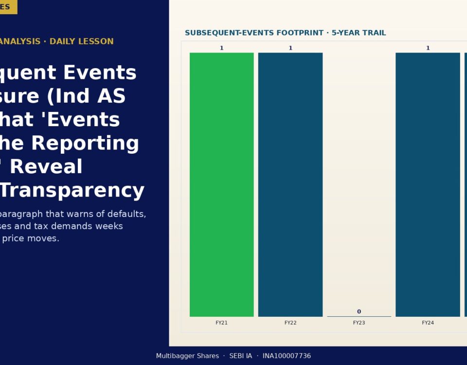 Two-column layout: left panel with the title 'Subsequent Events Disclosure (Ind AS 10): What Events After the Reporting Period Reveal About Transparency' and a short descriptive paragraph; right panel shows a bar chart titled 'Subsequent-Events Footprint · 5-Year Trail' with five vertical bars for FY21–FY25. The FY21 bar is green, the others dark blue; values above bars indicate counts (FY21=1, FY22=1, FY23=0, FY24=1, FY25=1).