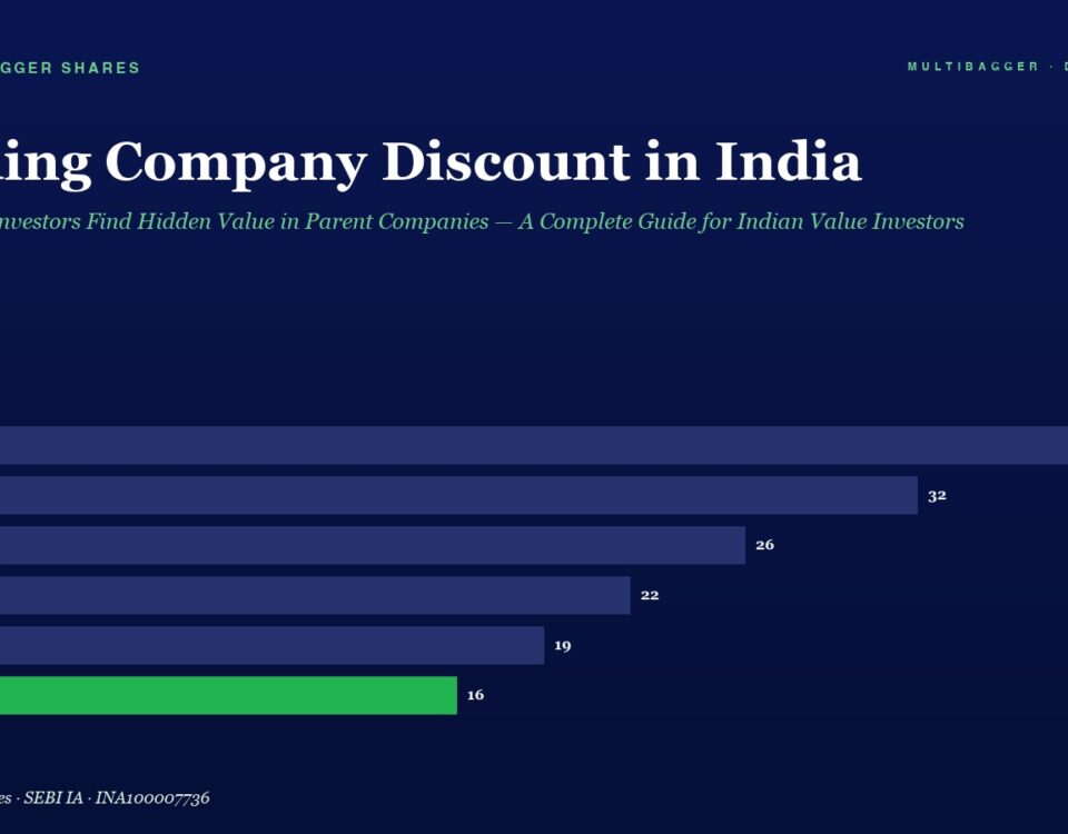 Horizontal bar chart titled 'Holding Company Discount in India' showing annual discounts by fiscal year FY20–FY25; values: FY20 38, FY21 32, FY22 26, FY23 22, FY24 19, FY25 16; FY25 bar is green.