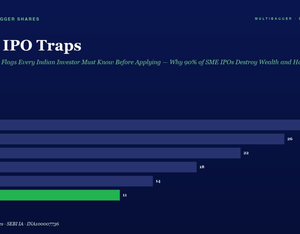 Infographic titled SME IPO Traps: horizontal bar chart of yearly figures FY20–FY25, with FY25 highlighted in green at 11 and previous bars in blue hues.