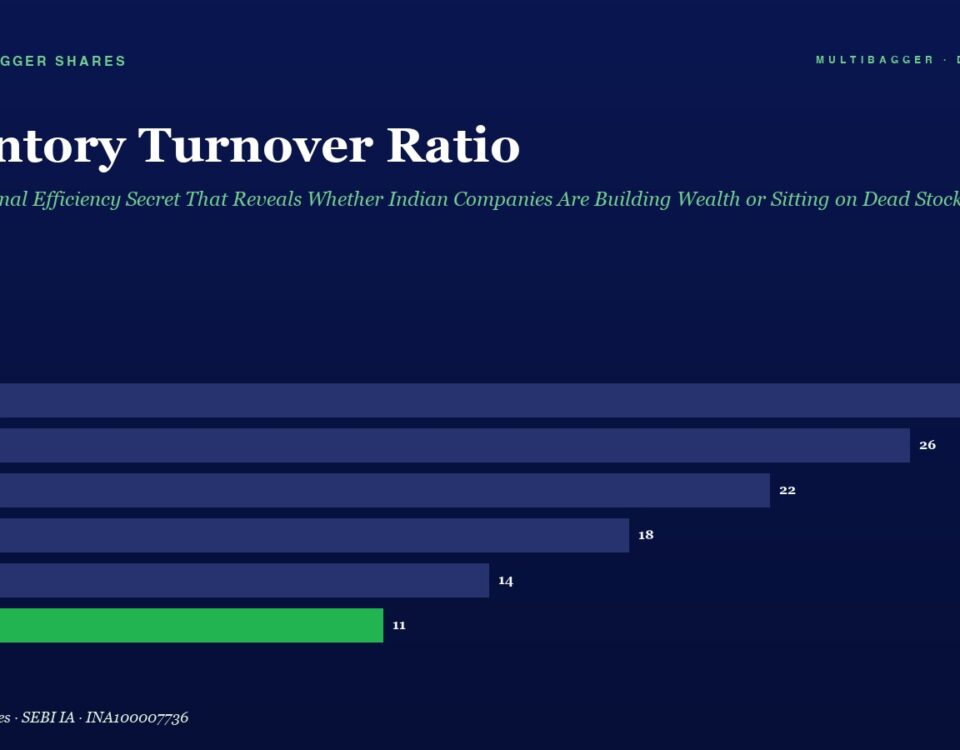 Horizontal bar chart titled Inventory Turnover Ratio showing yearly values: FY20 28, FY21 26, FY22 22, FY23 18, FY24 14, FY25 11 (FY25 bar in green).