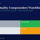 mbcover1275weeklyqualitycompounderswat | Manish Goel Portfolio Management Service Hero Header with Title weekly Quality Compounders Watchlist and Subtitle on a Dark Blue Background Featuring a Four block Grid Trader gray Compounder green Drift light Gray Speculator orange