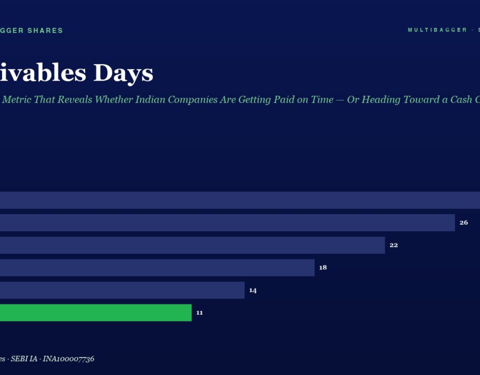 Infographic titled 'Receivables Days' showing a dark blue bar chart from FY20 to FY25 with values 28, 26, 22, 18, 14, and 11 (FY25 green).