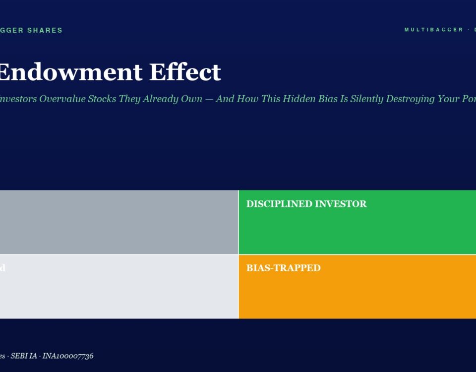 Infographic titled 'The Endowment Effect' with a 2x2 color grid labeled Lucky, DISCIPLINED INVESTOR, Confused, BIAS-TRAPPED on a dark blue page.