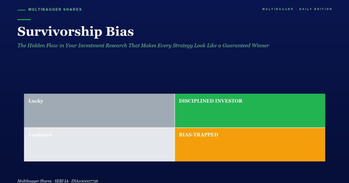 mbcover1377survivorshipbiasthehiddenf | Manish Goel Portfolio Management Service Infographic About Survivorship Bias Showing Four Color Blocks Labeled Lucky Disciplined Investor Confused and Bias trapped on a Dark Navy Background Subtitle Notes the Hidden Flaw in Investment Research