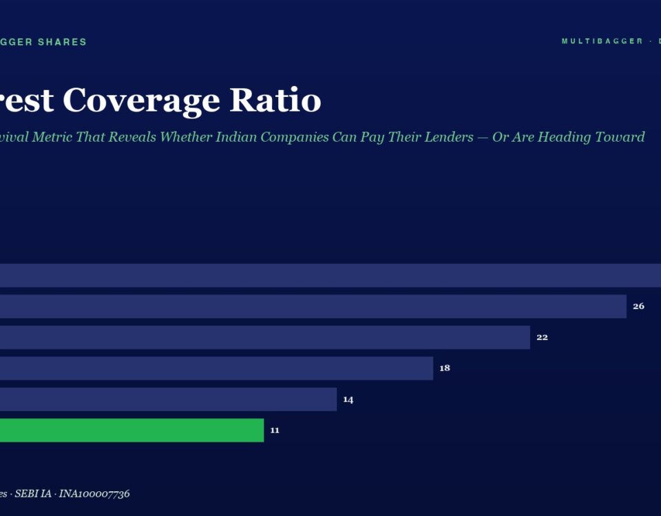 Title 'Interest Coverage Ratio' with subtitle; horizontal bar chart shows FY20–FY25 values, trend downward; FY25 green bar at 11.