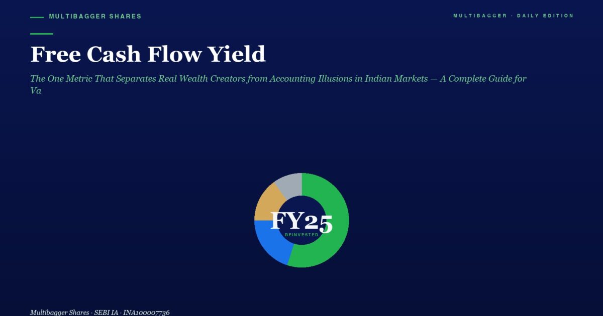 mbcover1544freecashflowyieldtheonem | Manish Goel Portfolio Management Service Hero Section for Article free Cash Flow Yield with Green Subtitle on a Dark Blue Background a Multicolor Donut Chart Labeled fy25 Reinvented Sits Below