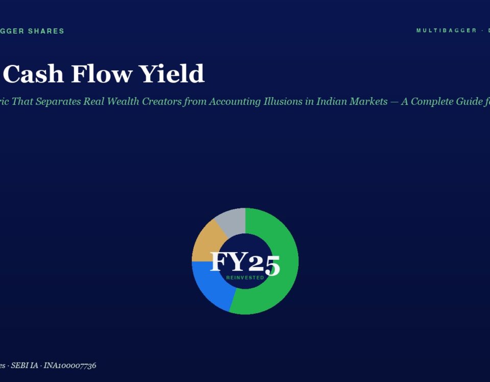 Hero section for article: 'Free Cash Flow Yield' with green subtitle on a dark blue background; a multicolor donut chart labeled 'FY25 Reinvented' sits below.