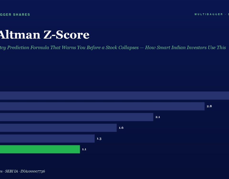 The Altman Z-Score infographic: a dark blue chart showing yearly scores FY20–FY25; bars decline from 3.2 to 1.1, with FY25 in green.
