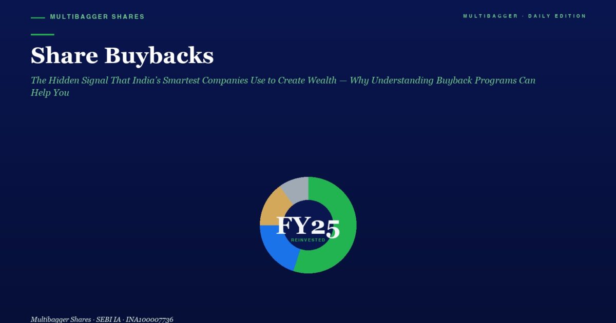 mbcover1559sharebuybacksthehiddensign | Manish Goel Portfolio Management Service Hero Header with the Title share Buybacks and an Italic Green Subtitle on a Dark Navy Background Above a Centered Multicolor Donut Chart Labeled fy25 Reinvested
