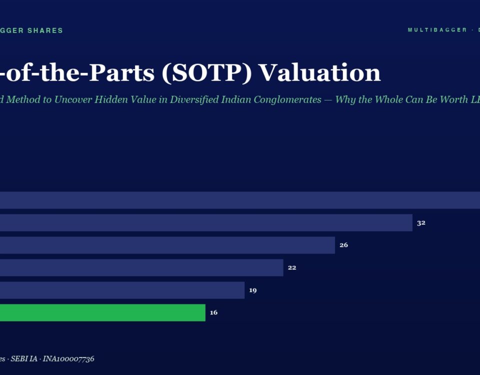 Bar chart of SOTP valuation by year from FY20 to FY25; values shown: FY20 38, FY21 32, FY22 26, FY23 22, FY24 19, FY25 16 with the FY25 bar in green.