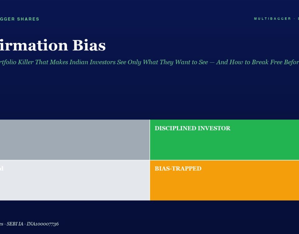 Hero section with title 'Confirmation Bias', subtitle, and a two-by-two color grid labeled Lucky, Disciplined Investor, Confused, and Bias-Trapped.