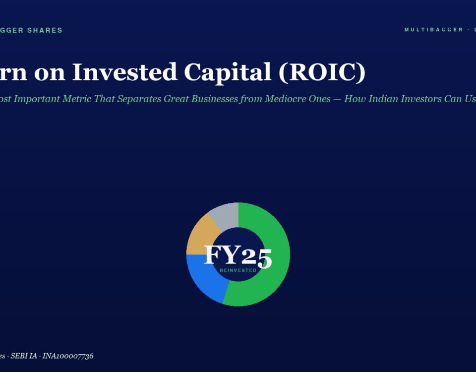 Dark blue gradient hero with the headline 'Return on Invested Capital (ROIC)' and a green subtitle; centered multicolor donut chart labeled 'FY25 Reinvented' on a dark background.