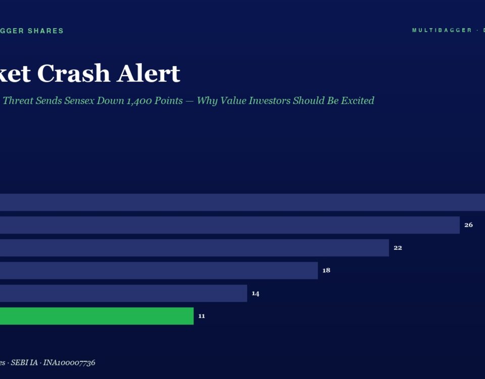 Market Crash Alert page with a horizontal bar chart showing FY20 28, FY21 26, FY22 22, FY23 18, FY24 14, and FY25 11 (green) beneath the headline.