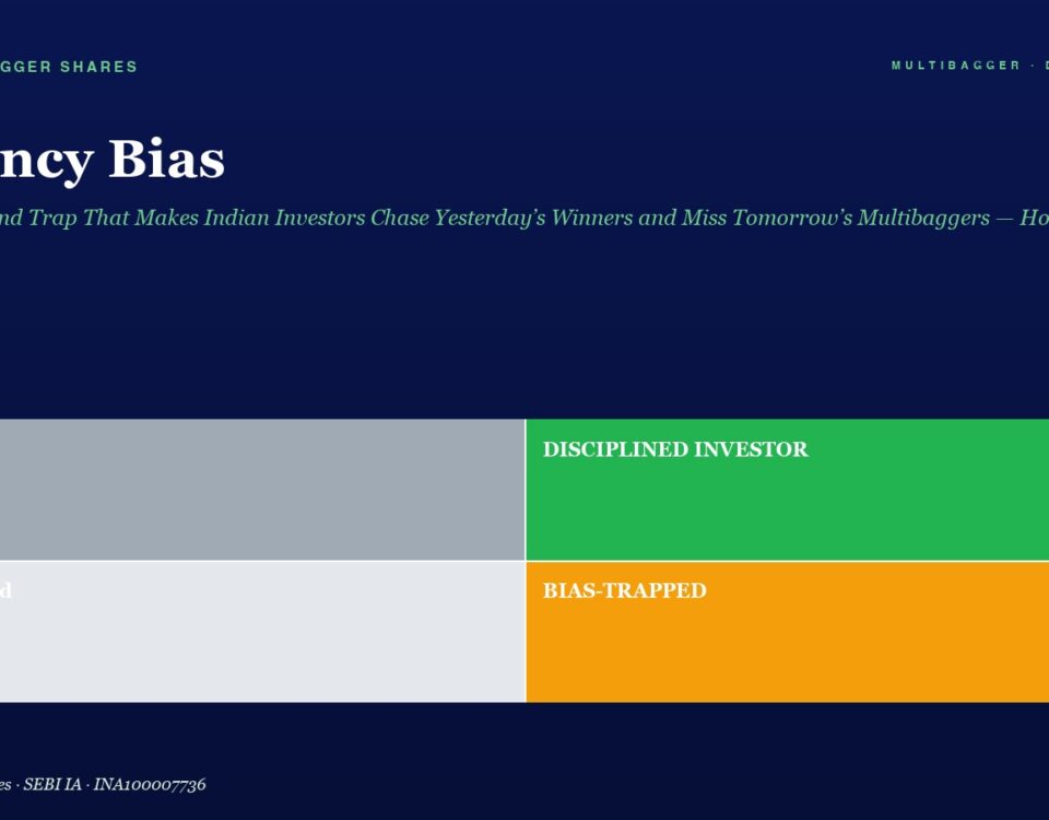 Hero header for an article: title 'Recency Bias' with green subtitle, on dark blue background and a 2x2 color grid labeled 'Lucky', 'Disciplined Investor', 'Confused', and 'Bias-Trapped'.