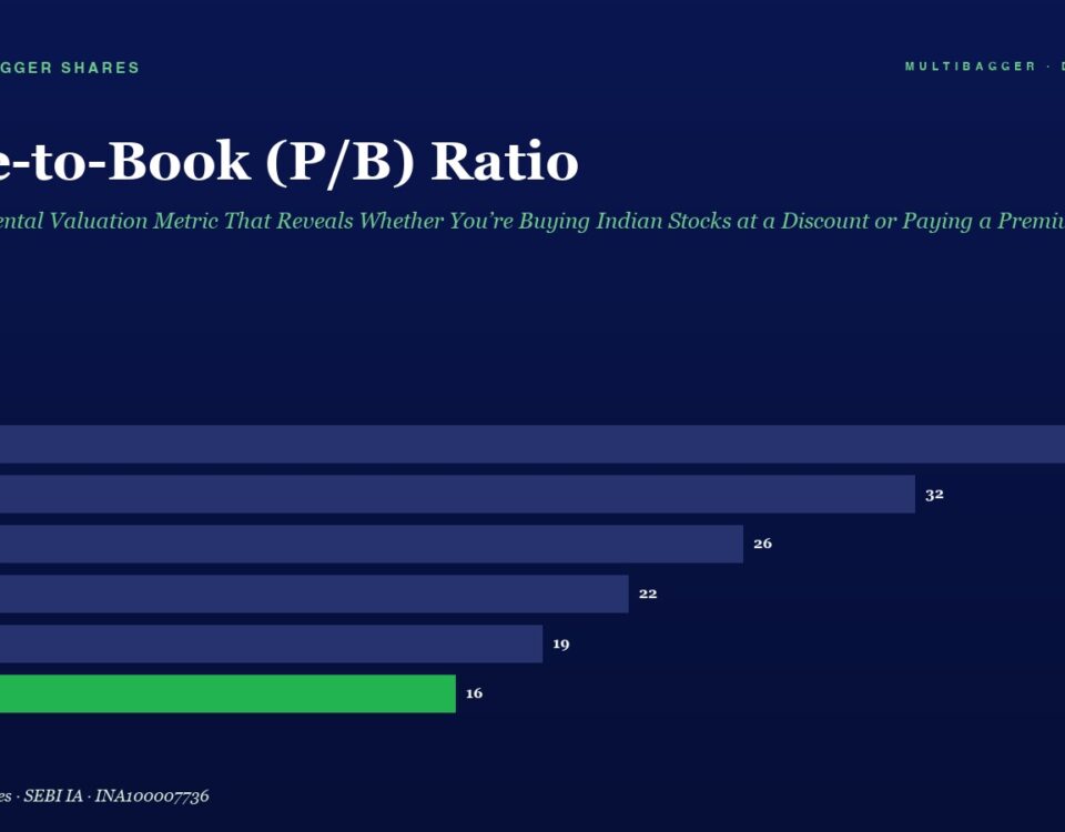 Infographic: Price-to-Book (P/B) Ratio bar chart from FY20 to FY25; bars show 38, 32, 26, 22, 19, and 16 (green) for FY25.