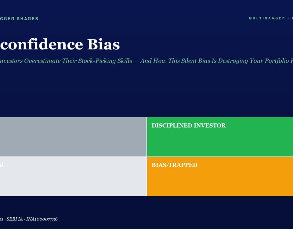 Hero title: Overconfidence Bias with subtitle about Indian investors and stock-picking skills; color-block infographic below showing four states.