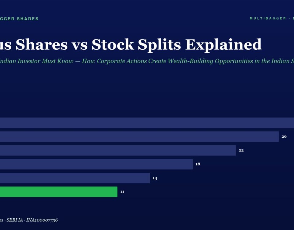Article header: 'Bonus Shares vs Stock Splits Explained' with a green subtitle; a horizontal bar chart compares FY20–FY25 values, FY25 highlighted in green at 11
