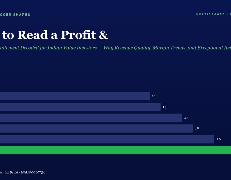 Infographic with a dark blue background showing a horizontal bar chart of profits by fiscal year FY20–FY25; bars rise from 14 to 22, with FY25 highlighted in bright green, on the left and right axis labels.