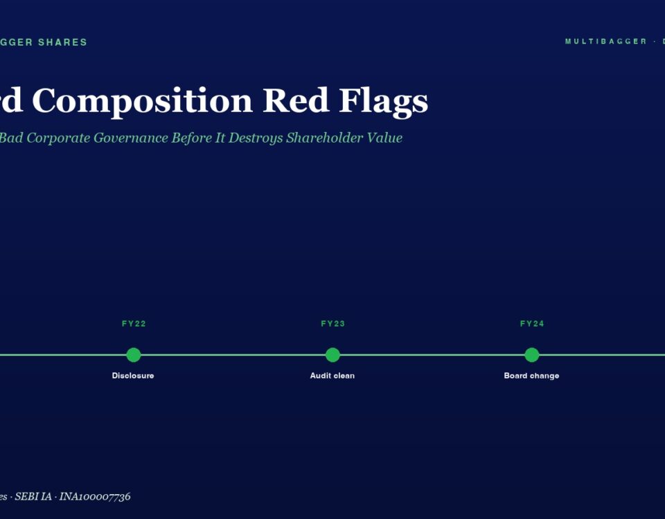 Dark blue header with 'Board Composition Red Flags' and subtitle, plus a green FY21–FY25 timeline marking milestones: Compliance, Disclosure, Audit clean, Board change, All boxes.