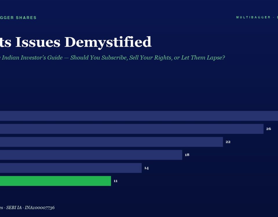 Title 'Rights Issues Demystified' with a dark blue infographic showing yearly bars FY20–FY25; FY25 bar is green and value 11.