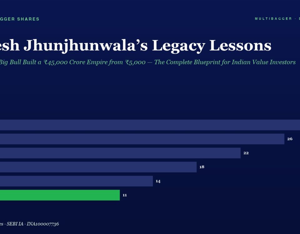 Infographic header with the title 'Rakesh Jhunjhunwala’s Legacy Lessons' and a horizontal bar chart of FY20–FY25 values, final FY25 bar in green.