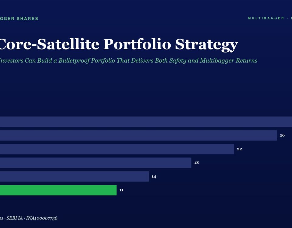 Infographic header 'The Core-Satellite Portfolio Strategy' with subtitle, followed by a horizontal bar chart of yearly figures FY20–FY25: FY20 28, FY21 26, FY22 22, FY23 18, FY24 14, FY25 11 (green bar).