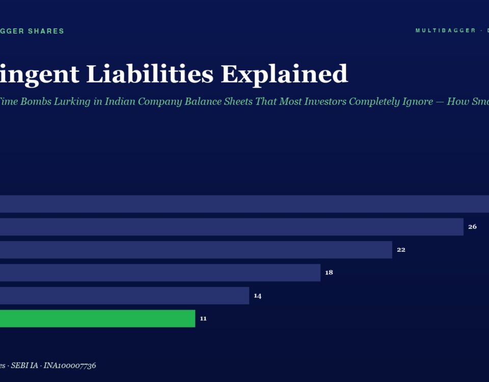Horizontal bar chart titled 'Contingent Liabilities Explained' showing yearly values FY20–FY25; FY20 28, FY21 26, FY22 22, FY23 18, FY24 14, FY25 11 (green).