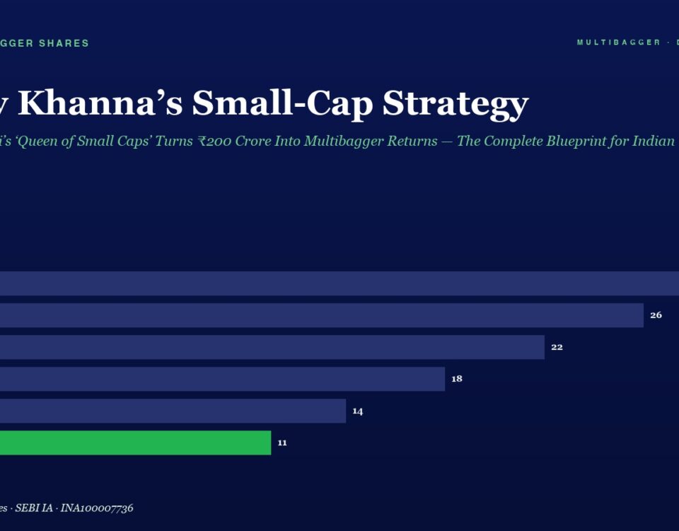 Horizontal bar chart on a navy background showing yearly values from FY20 to FY25; FY20 28, FY21 26, FY22 22, FY23 18, FY24 14, FY25 11 (green). Title: Dolly Khanna’s Small-Cap Strategy.