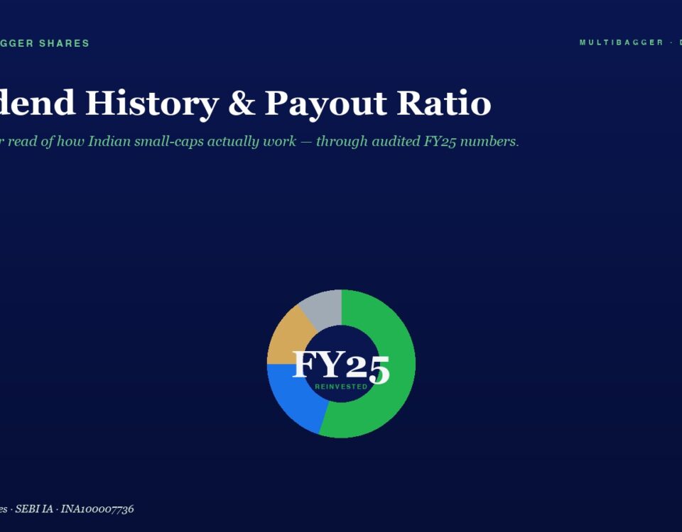 Hero banner with the title 'Dividend History & Payout Ratio', subtitle line, and a central multi-colored donut chart labeled 'FY25 Reinested' (Reinvested).