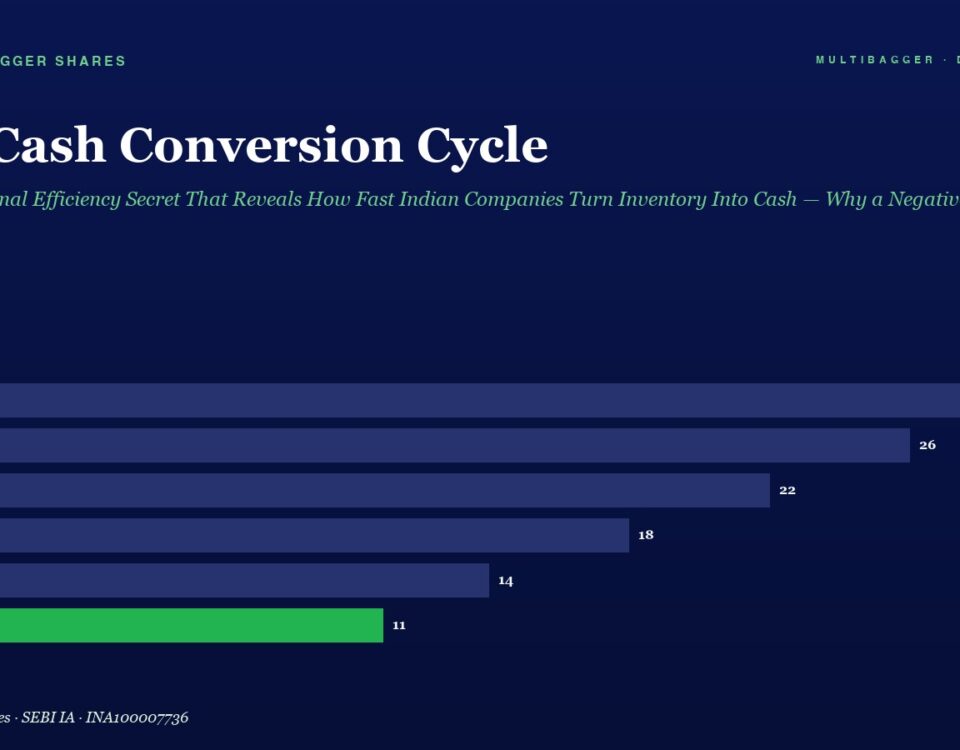 Infographic bar chart titled The Cash Conversion Cycle showing yearly values (FY20–FY25); bars scroll from 28 down to 11, with FY25 bar highlighted in green.