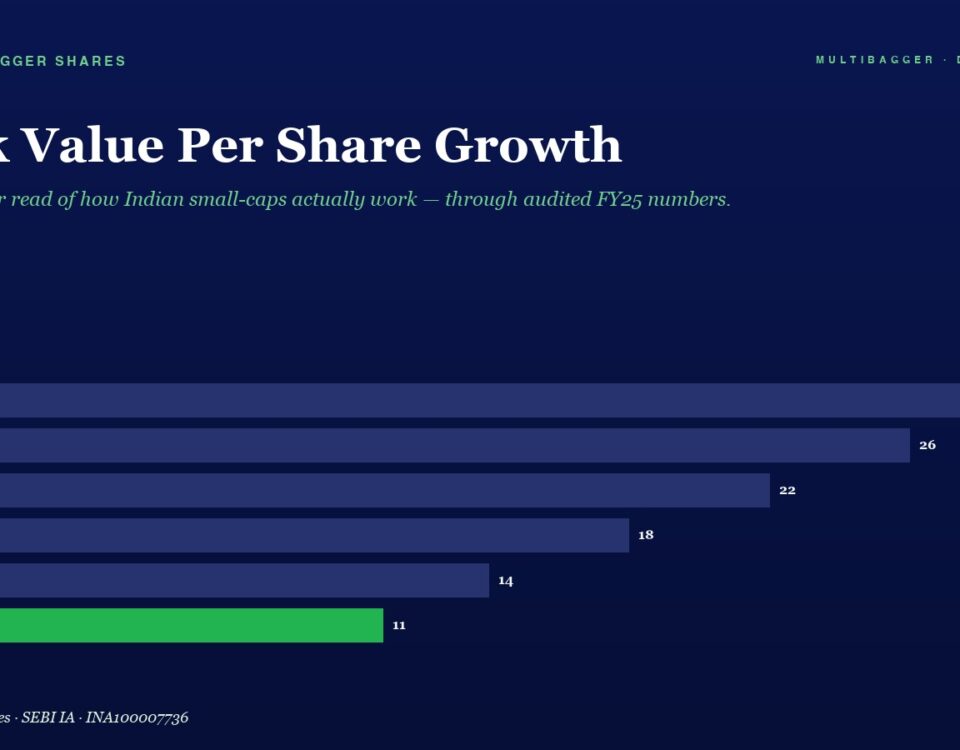 Horizontal bar chart of book value per share by year (FY20–FY25) with values: 28, 26, 22, 18, 14, 11 (FY25 shown in green).