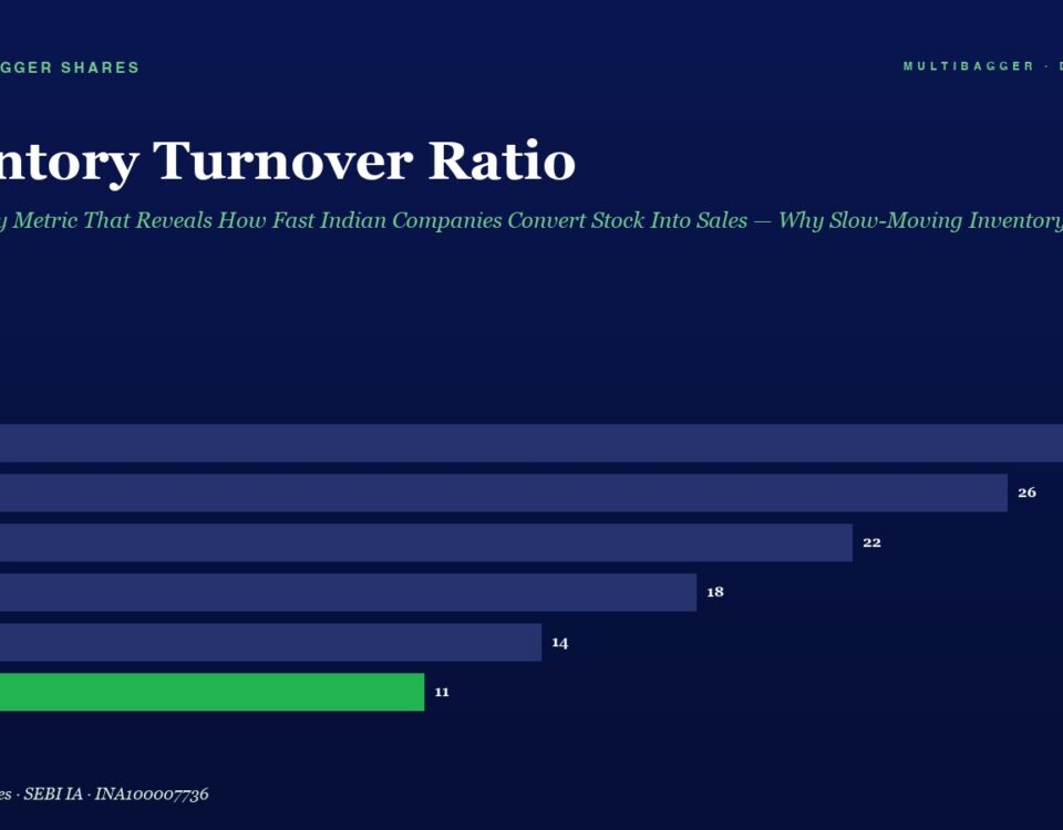 Bar chart showing Inventory Turnover Ratio by year: FY20 28, FY21 26, FY22 22, FY23 18, FY24 14, FY25 11 (green for FY25).