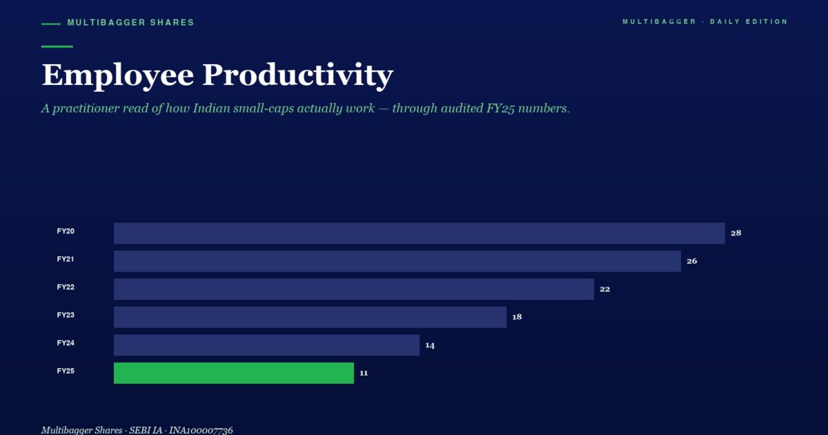 mbcover1910employeeproductivityhowtita | Manish Goel Portfolio Management Service Bar Chart Titled Employee Productivity Showing Fiscal Years Fy20fy25 with Values Fy20 28 Fy21 26 Fy22 22 Fy23 18 Fy24 14 Fy25 11 Fy25 Bar is Green