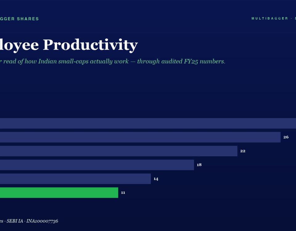Bar chart titled Employee Productivity showing fiscal years FY20–FY25 with values: FY20 28, FY21 26, FY22 22, FY23 18, FY24 14, FY25 11; FY25 bar is green.