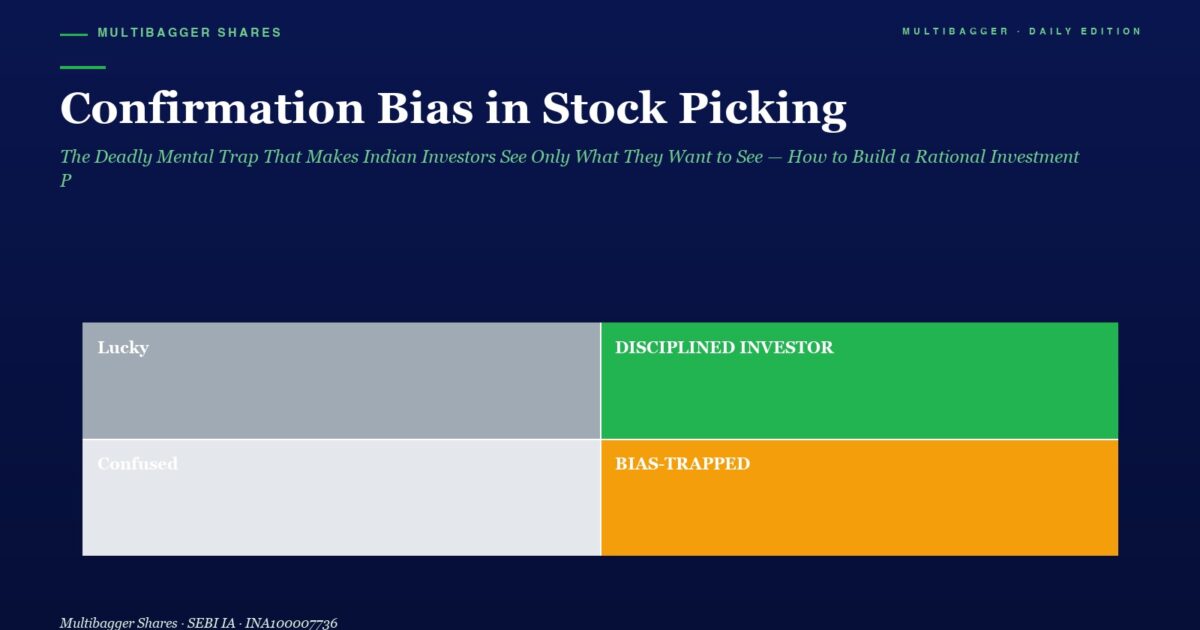 mbcover1940confirmationbiasstockpickin | Manish Goel Portfolio Management Service Hero Banner with Title confirmation Bias in Stock Picking and Four Colored Panels Labeled Lucky Disciplined Investor Confused Bias trapped