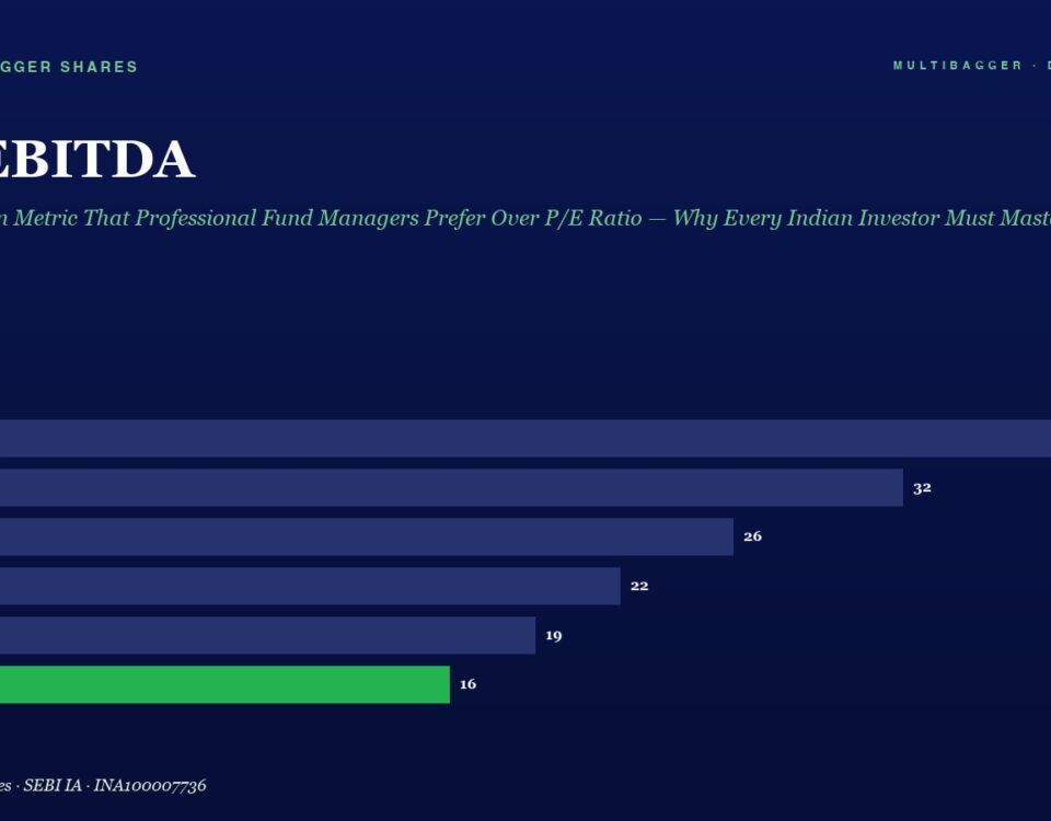 Header for an EV/EBITDA article with a green subtitle, then a horizontal bar chart of FY20–FY25 values: 38, 32, 26, 22, 19, 16 (FY25 bar in green).