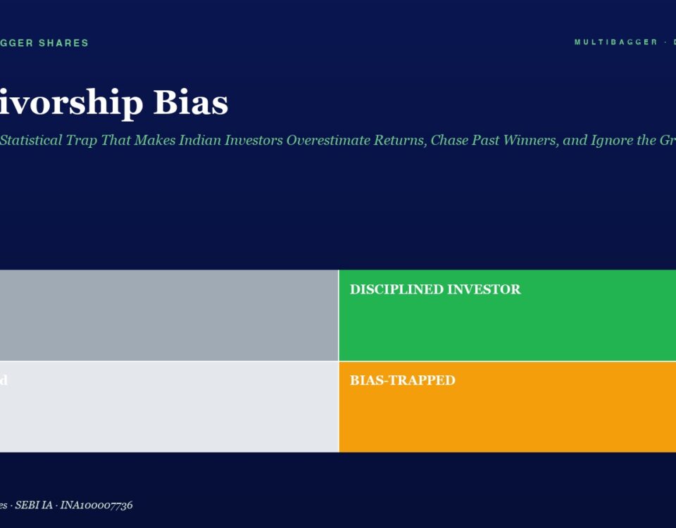Hero header with dark blue background reading 'Survivorship Bias' and subtitle; below is a four-block infographic: left column has 'Lucky' (top, gray) and 'Confused' (bottom, light gray); right column has 'DIScIPLINED INVESTOR' (top, green) and 'BIAS-TRAPPED' (bottom, orange).