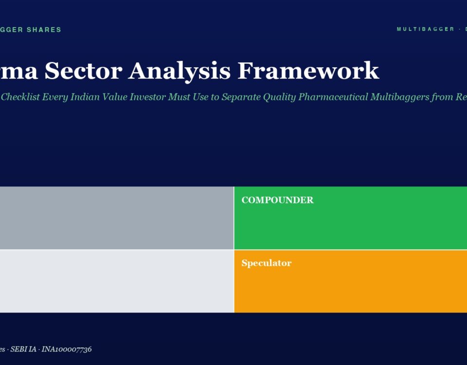 Hero banner titled 'Pharma Sector Analysis Framework' with four colored blocks: Trader (gray), Compounder (green), Drift (light gray), Speculator (orange).
