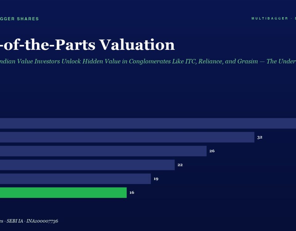 Infographic: Sum-of-the-Parts Valuation with horizontal bars for FY20–FY25; bars show values 38, 32, 26, 22, 19, and 16; FY25 bar is green on a dark blue background.
