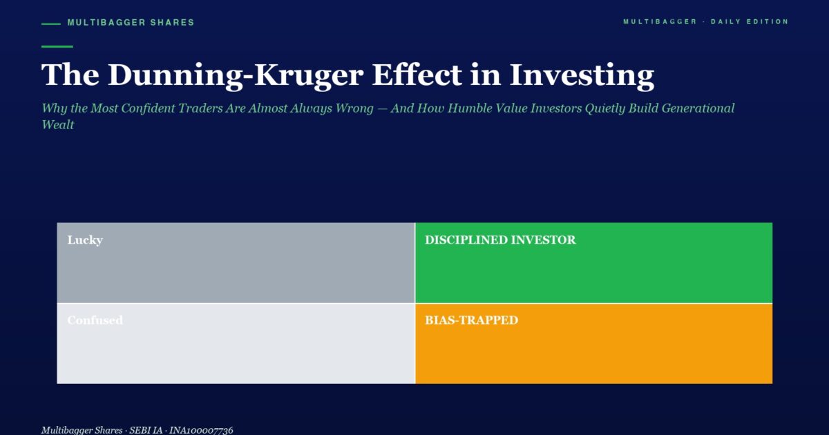 mbcover1986thedunningkrugereffectini | Manish Goel Portfolio Management Service Hero Image Article Title the Dunning kruger Effect in Investing with Subtitle and a Four panel Infographic Showing Lucky Disciplined Investor Confused and Bias trapped
