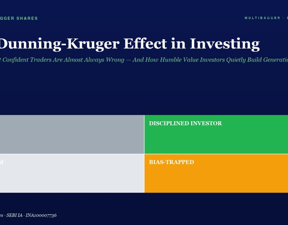 Hero image: article title 'The Dunning-Kruger Effect in Investing' with subtitle and a four-panel infographic showing Lucky, Disciplined Investor, Confused, and Bias-Trapped.