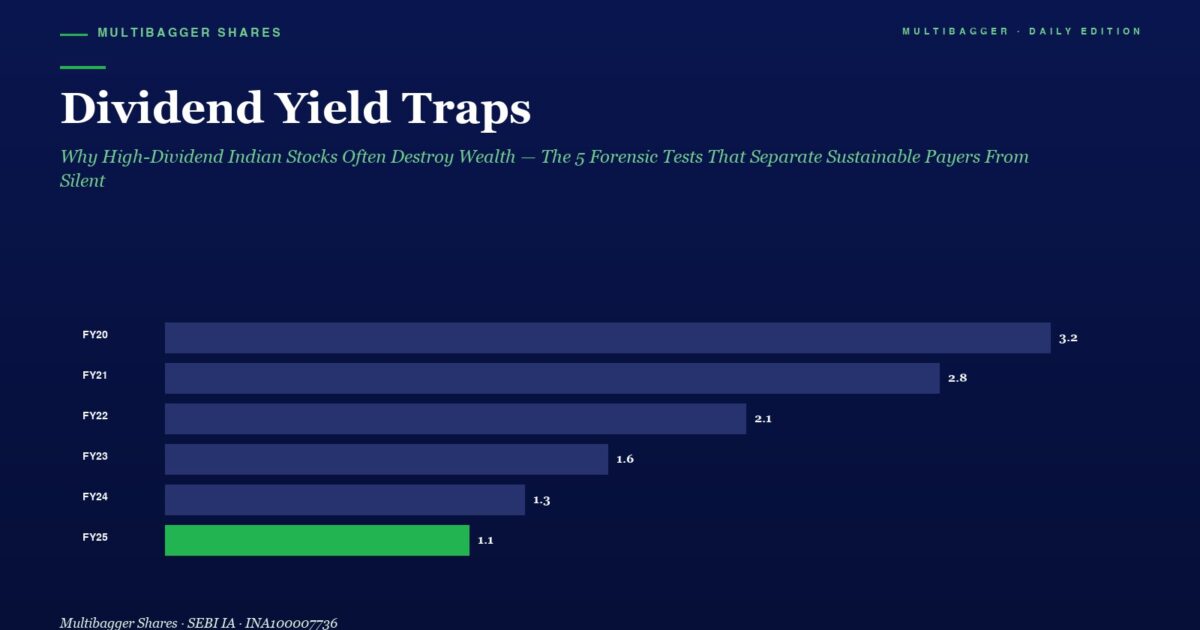 mbcover1990dividendyieldtrapswhyhigh | Manish Goel Portfolio Management Service Hero Image for an Article Titled dividend Yield Traps with a Subtitle About High dividend Indian Stocks Featuring a Dark Blue Horizontal Bar Chart of Fy20fy25 Bars Show Fy20 32 Fy21 28 Fy22 21 Fy23 16 Fy24 13 and Fy25 11 green Top left Label manish Goel Pms Top right multibagger Daily Edition