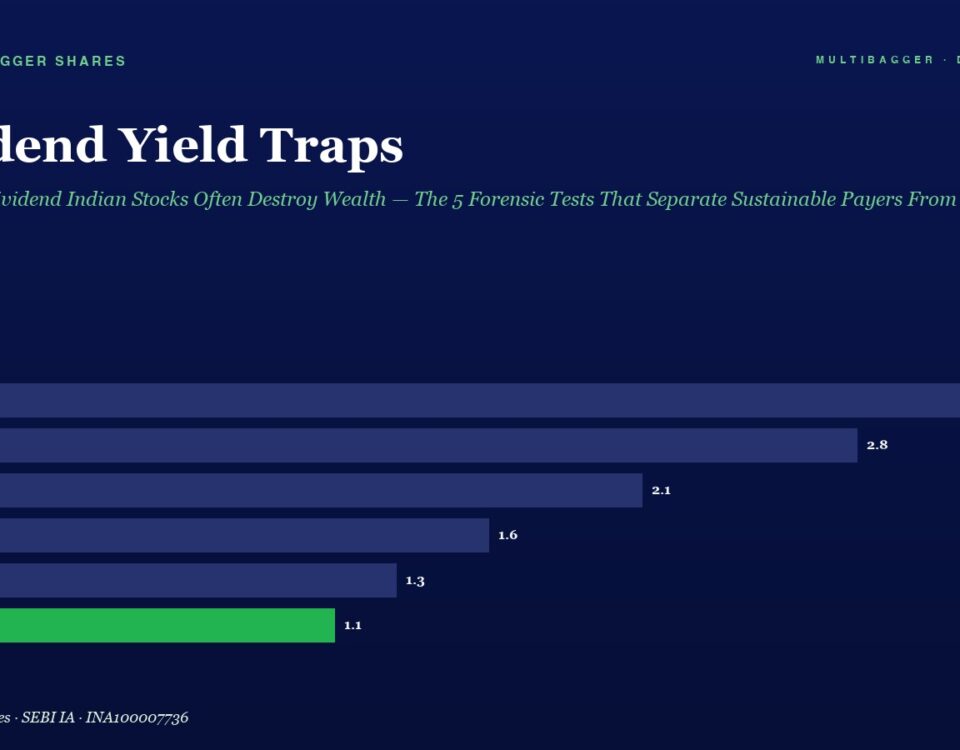 Hero image for an article titled 'Dividend Yield Traps' with a subtitle about high-dividend Indian stocks, featuring a dark blue horizontal bar chart of FY20–FY25. Bars show FY20 3.2%, FY21 2.8%, FY22 2.1%, FY23 1.6%, FY24 1.3%, and FY25 1.1% (green). Top-left label 'Manish Goel PMS', top-right 'MULTIBAGGER · DAILY EDITION'.