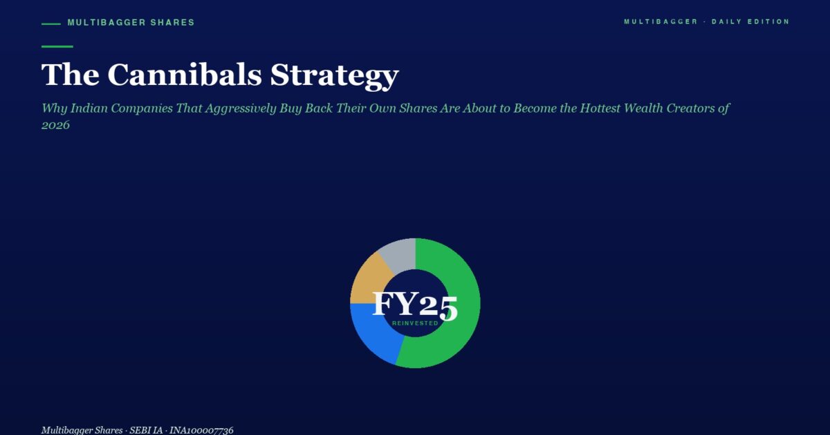 mbcover1993thecannibalsstrategywhyind | Manish Goel Portfolio Management Service Headline the Cannibals Strategy with a Subtitle About Aggressive Share Buybacks and a Circular Fy25 Chart Below on a Dark Blue Background
