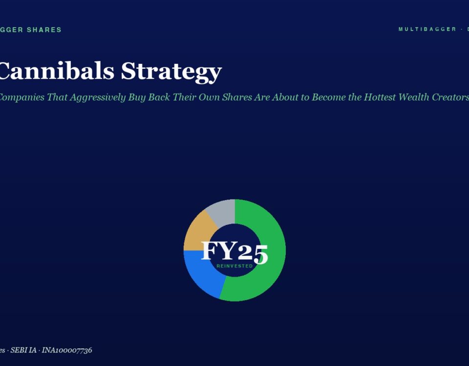 Headline: The Cannibal's Strategy with a subtitle about aggressive share buybacks and a circular FY25 chart below on a dark blue background.