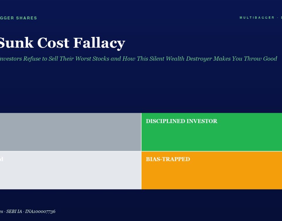 Dark blue article header with large white title 'The Sunk Cost Fallacy' and green italic subtitle; below is a four-block infographic showing Lucky (gray), Disciplined Investor (green), Confused (light gray), and Bias-Trapped (orange).