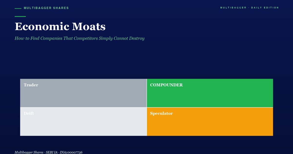 mbcover644economicmoatshowtofindcom | Manish Goel Portfolio Management Service Hero Header with the Title economic Moats and Green Subtitle on a Dark Blue Background a Two by two Color Block Grid Labeled Trader gray Compunder green Drift light Gray Speculator orange Footer Credit Text