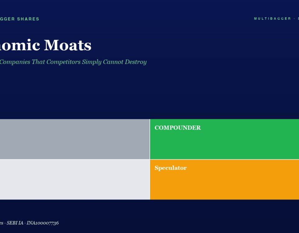 Hero header with the title 'Economic Moats' and green subtitle on a dark blue background; a two-by-two color block grid labeled Trader (gray), COMPUNDER (green), Drift (light gray), Speculator (orange); footer credit text.
